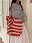 New Korean-Style Ins Striped Canvas Tote Bag - Casual, Single-Shoulder, Large-Capacity Shopping Tote