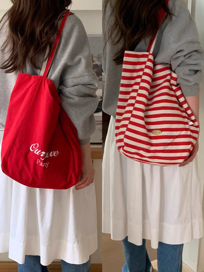 New Korean-Style Ins Striped Canvas Tote Bag - Casual, Single-Shoulder, Large-Capacity Shopping Tote